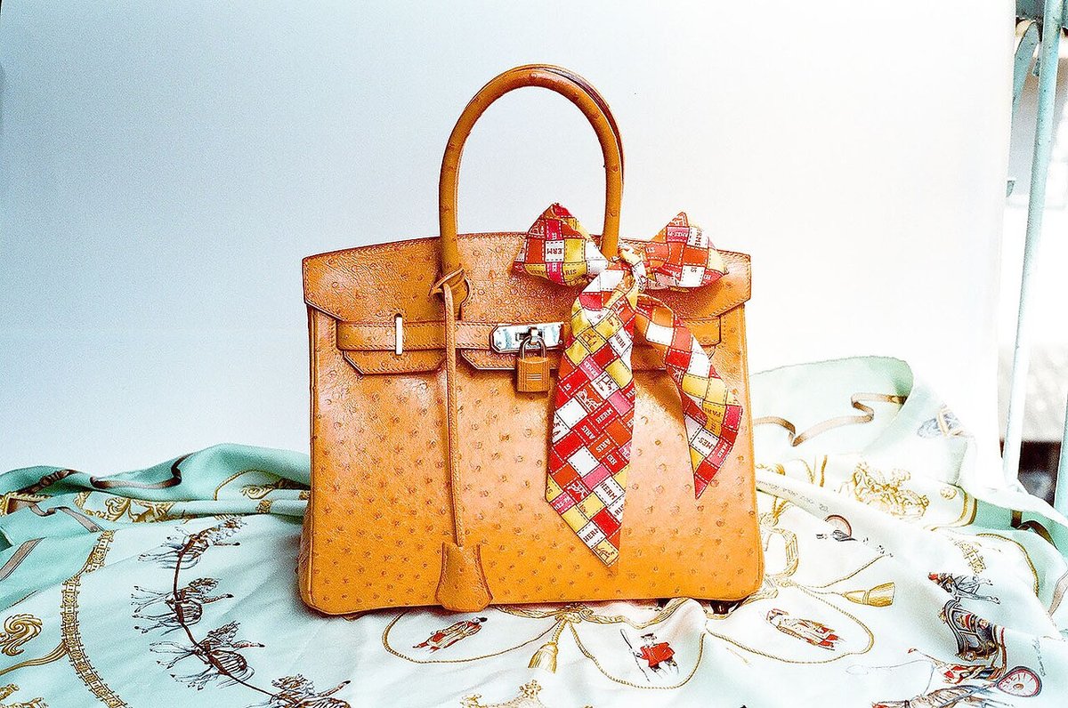 A finished Hermès Birkin bag in ostrich leather, showing the raised quill-follicle grain in the tanned finish