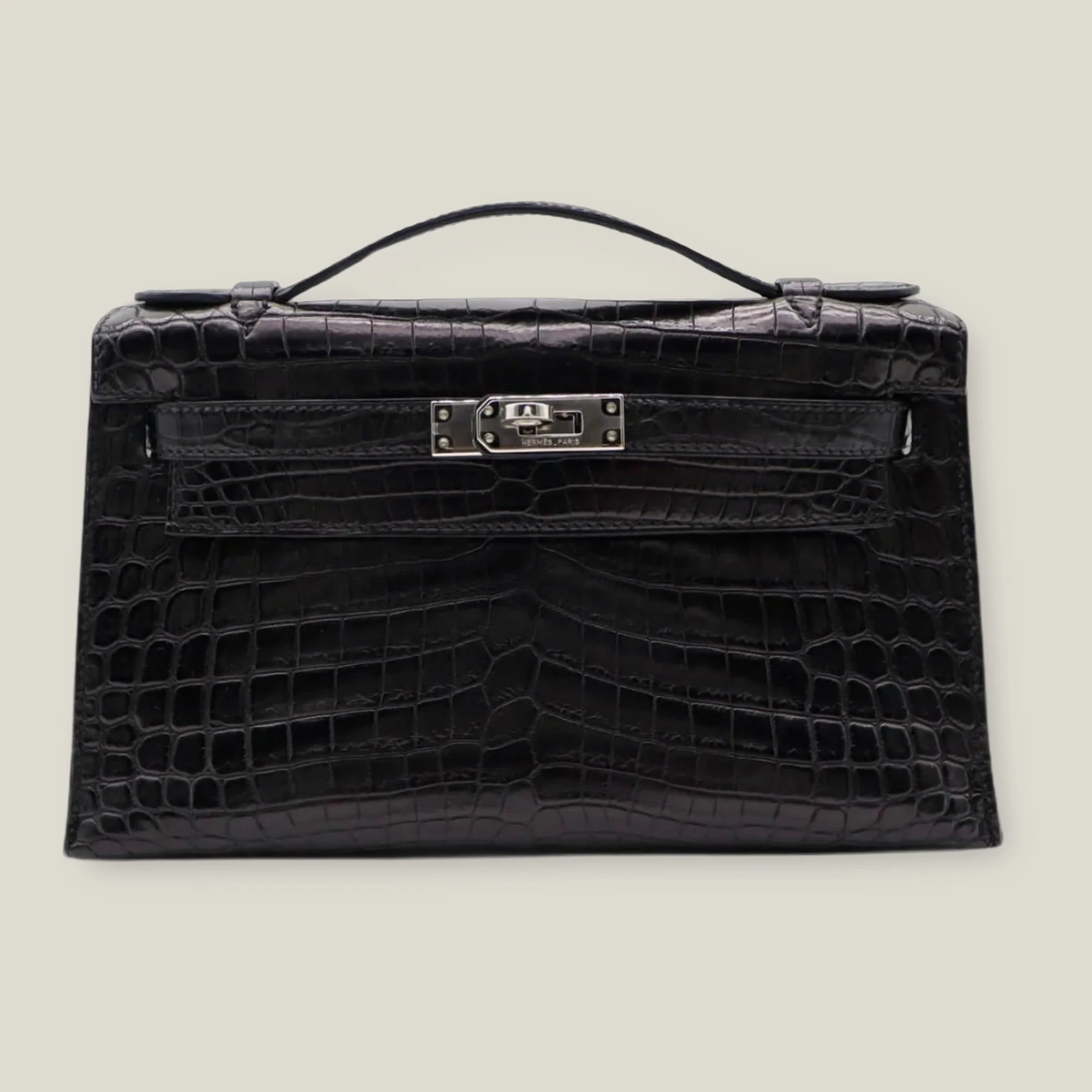 Hermès Kelly Pochette Black Shiny Crocodile Palladium Hardware